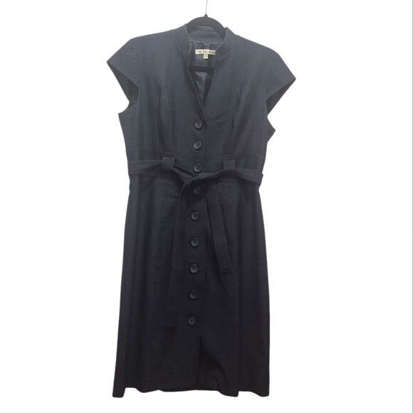 Sandra Darren Navy Button Front Cap Sleeve Sash Belt Dress Petite size 8P Career - Picture 1 of 7
